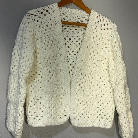 Handmade White Crochet Granny Square Jacket Pearls Cozy Elegant Cardigan Size L - Picture 3 of 6
